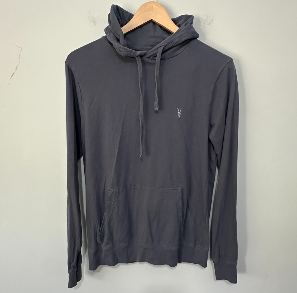 AllSaints Hoodie Mens XS Blue Gray Pullover Ramskull Logo Minimalist Athleisure